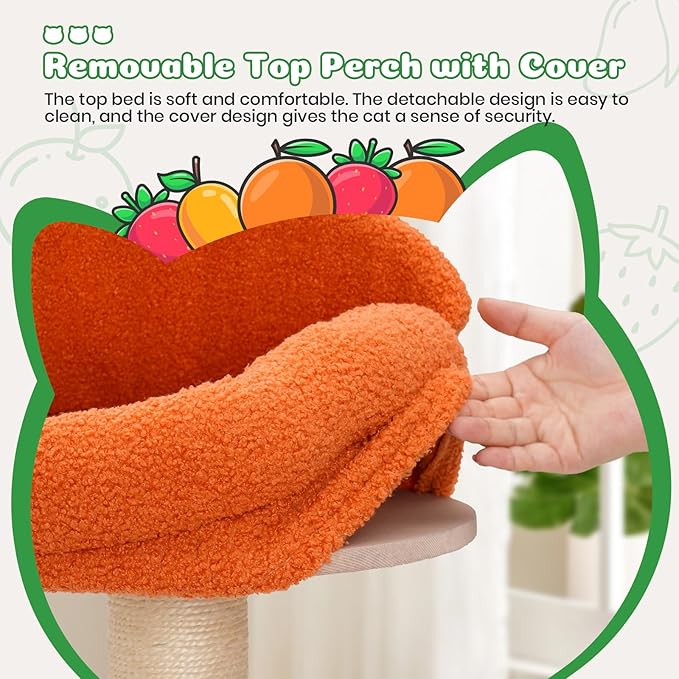 Happy & Polly Cute Cat Tree - 48.4" Fruit World Cat Tower for Indoor Cats, Multi-Level Cat Condo with Sisal Scratching Posts, Private Cave, Plush Strawberry Perches, Perfect Cat Tree Activity Center-Mewly Pet