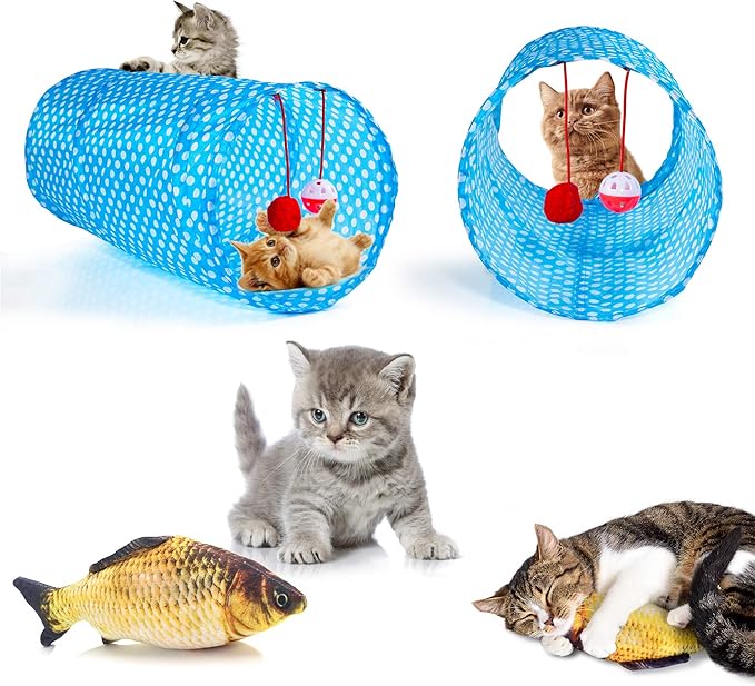 AILUKI 35 PCS Cat Toys Kitten Toys Assortments,Variety Catnip Toy Set Including 2 Way Tunnel,Cat Feather Teaser,Catnip Fish,Mice,Colorful Balls and Bells for Cat,Puppy,Kitty-Mewly Pet