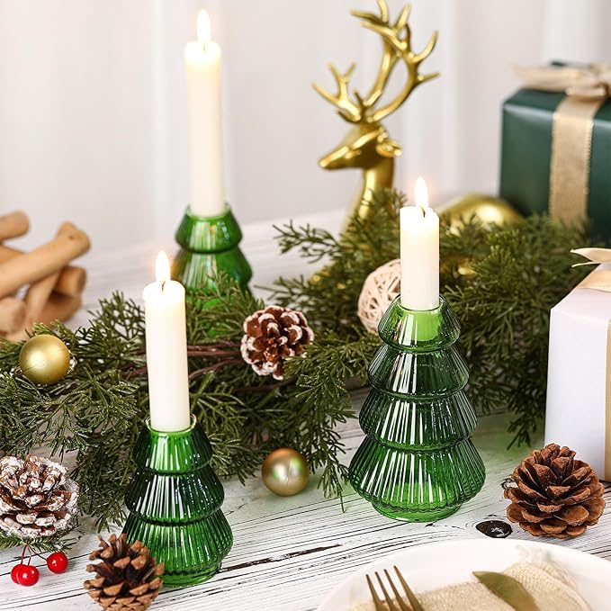 Leinuosen 4 Pcs Christmas Tree Candle Holder Green Glass Candlestick Holder for Taper Candle Stand Modern Green Candlestick for Christmas Holiday Table Centerpiece Mantel Home Room Party Decor Gift