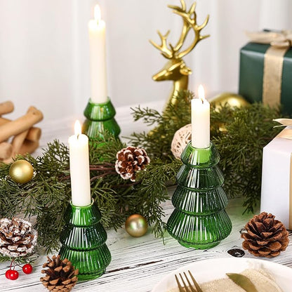 Leinuosen 4 Pcs Christmas Tree Candle Holder Green Glass Candlestick Holder for Taper Candle Stand Modern Green Candlestick for Christmas Holiday Table Centerpiece Mantel Home Room Party Decor Gift
