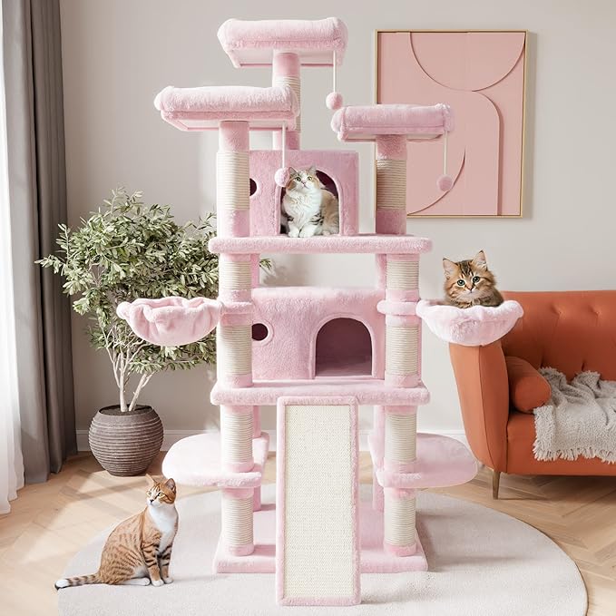 SHA CERLIN 68 Inches Multi-Level Large Cat Tree for Large Kitties/Big Cat Tower with Condo/Cozy Plush ‌Pussycat Perches/Sisal Scratching Posts and Hammocks/Activity Center/Pink-Mewly Pet