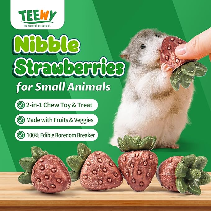 TEEWY 4PCS Hamster Chew Toys, Guinea Pig Chew Toys for Teeth with Natural Vegetables and Timothy Grass, Chinchilla Toys,Dental Care for Rats/Guinea Pigs/Hamsters and Gerbil, Strawberry-Shape-Mewly Pet