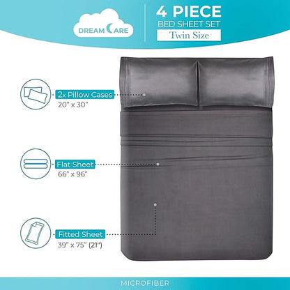DREAMCARE Twin Sheets - Cooling Bed Sheets - 4pcs Set - Twin Bed Sheets - Twin Sheet Set - Bed Sheets Twin Soft & Long Lasting 100% Fine Brushed Polyester with Side Pocket - Gray