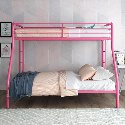 DHP Dusty Metal Bunk Bed Frame, Twin-Over-Full for Kids, Teens, Adults, Angled Ladder, Guardrail, No Boxspring, Small Spaces, Pink