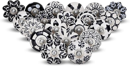 Knobs for Cabinets and Drawers Assorted Black & White Ceramic Cupboard Wardrobe Furniture Knob Door Pull Handles for Dresser Kitchen Wardrobes Boho Home Interior Decor - Pack of 20