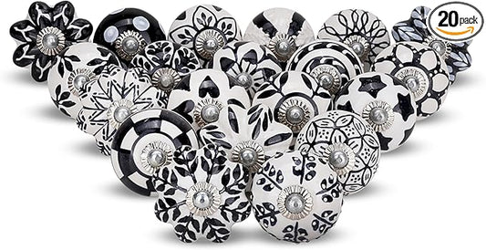 Knobs for Cabinets and Drawers Assorted Black & White Ceramic Cupboard Wardrobe Furniture Knob Door Pull Handles for Dresser Kitchen Wardrobes Boho Home Interior Decor - Pack of 20