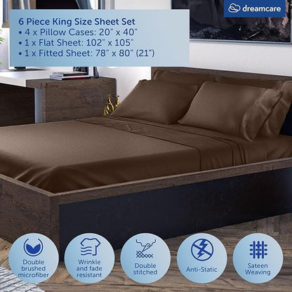 DREAMCARE King Size Sheets Set – 6 pcs Cooling Bed Sheets – up to 21” Deep Pocket King Sheet Set – 2500 Supreme Collection – Extra Soft 100% Brushed Microfiber Hotel Luxury with Side Pocket – M Brown