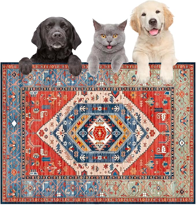 Large Boho Dog Cat Food Mats for Floors, Absorbent Dog Bowl Mat for Food and Water Dispenser Mat, Quick Dry Pet Supplies(Vintage Red, 36'' x 16'')-Mewly Pet