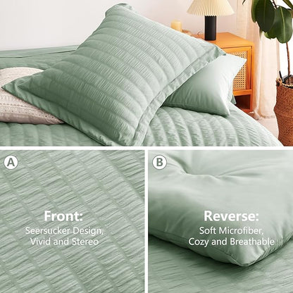 CozyLux Full Size Comforter Sets with Sheets Seersucker 7 Pieces Sage Green Bed in a Bag Textured Luxury Soft Bedding Set with Down Alternative Comforter, Sheets, Pillowcases & Shams for All Seasons