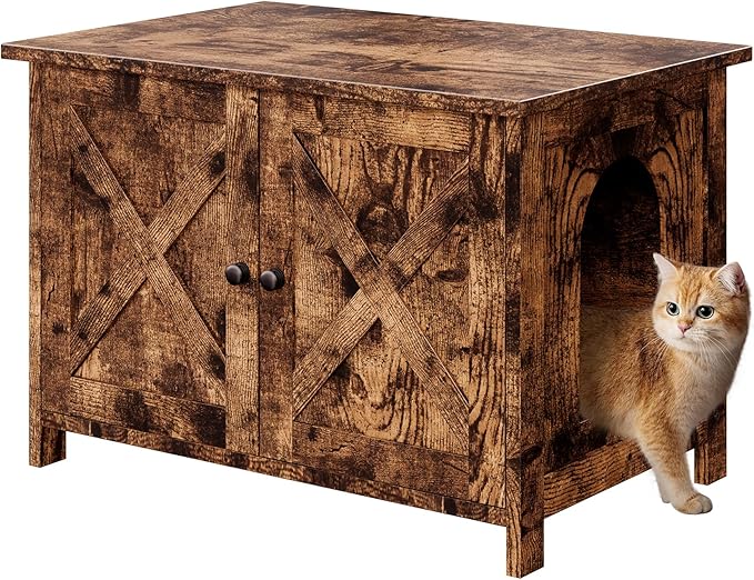 Vongrasig Cat Litter Box Enclosure,Litter Box Furniture Hidden with Barn Door,Wooden Cat Washroom Furniture,Cat House,End Table, Fit Most of Litter Box, Brown-Mewly Pet