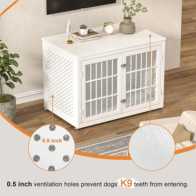 38" Heavy Duty Dog Crate Furniture for Large and Medium Dogs,Wooden Metal Kennel for High Anxiety Dogs, Chew Proof Pet Cage Indoor, Decorative Dog Kennel End Table, White-Mewly Pet