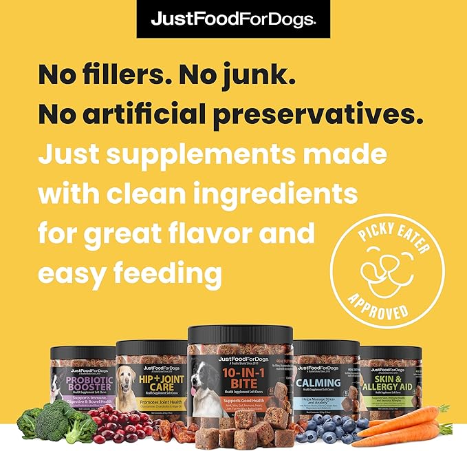 JustFoodForDogs Hip + Joint Soft Chews Mobility Supplement for Dogs with Glucosamine and Chondroitin, Superfood Blend, Human Grade, Plant-Based - 45 Count-Mewly Pet
