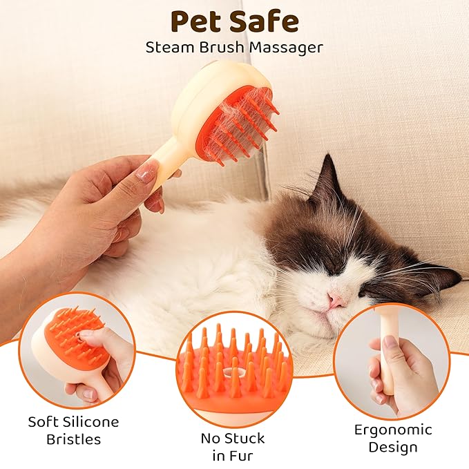 Steam Cat Brush, 6-in-1 Dog Brush Spritz Defur Comb with Pet Waterless Shampoo, Steamy Skin Friendly Deshedding Grooming Tool, Suitable for Shedding & Haired Pets, Pet Supplies Accessories, Yellow-Mewly Pet