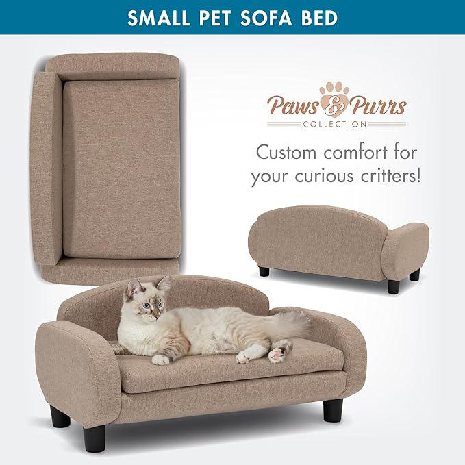 Paws & Purrs Cat Sofa Bed, Pet Couch for Indoor Cats Elevated Cat Beds with Removable Washable Mattress Cover for Kitten, Puppy or Small Animal- 31.5" Wide, Sand-Mewly Pet