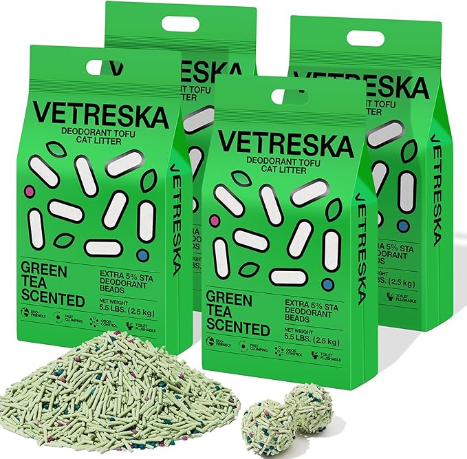 VETRESKA Tofu Cat Litter, Natural Kitty Litter Strong Clumping Flushable Cat Litter Pellets Ultra Absorbent, Odor Control, Dust-Free, Low Tracking Eco-Friendly Tofu Litter, Greentea(5.5lb×4bags)-Mewly Pet