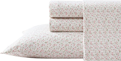 Laura Ashley - Flannel Sheets Full Size, Anti-Pilling & Wrinkle Resistant Cotton, Touchably Soft for All-Season Comfort - Bed Sheets with Matching Pillowcase & Fitted Sheet (Evie Pink)