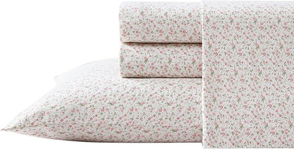 Laura Ashley - Flannel Sheets Twin Size, Anti-Pilling & Wrinkle Resistant Cotton, Touchably Soft for All-Season Comfort - Bed Sheets with Matching Pillowcase & Fitted Sheet (Evie Pink)