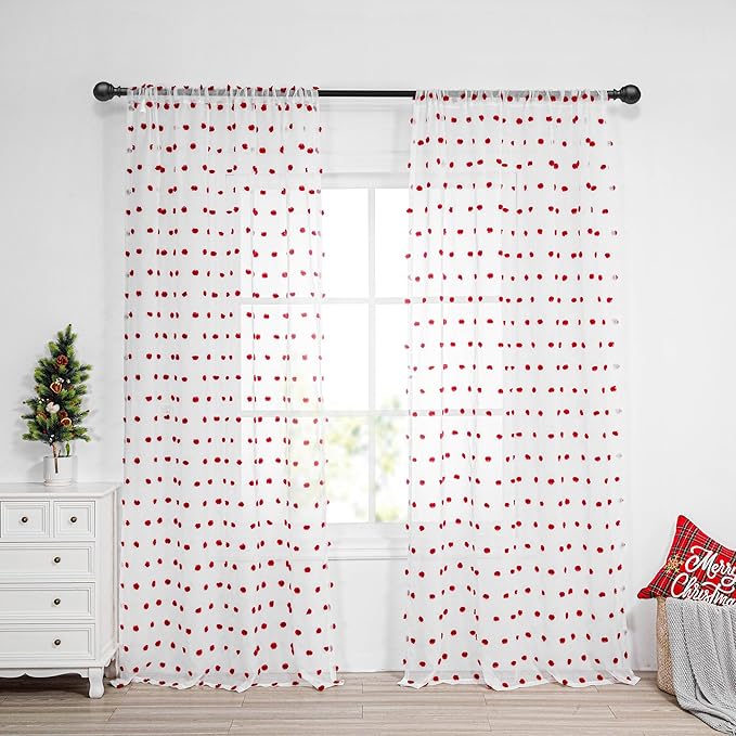 MYSKY HOME 95 Inch Long Christmas Curtains for Living Room Sliding Door Red Pom Pom White Shher Curtains for Bedroom Large Window Panels Dining Room Rod Pocket Privacy Protect 2 Sets 52" x 95"