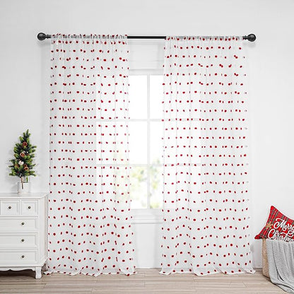 MYSKY HOME 95 Inch Long Christmas Curtains for Living Room Sliding Door Red Pom Pom White Shher Curtains for Bedroom Large Window Panels Dining Room Rod Pocket Privacy Protect 2 Sets 52" x 95"