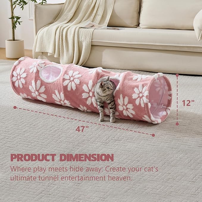 Straight Cat Tunnel for Indoor Cats 47"x12", Cute Cat Toys Collapsible Tunnel Tube with Balls for Puppy Kitten Rabbit, Pink Flower-Mewly Pet