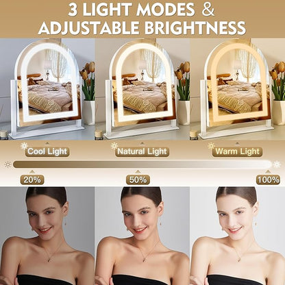 Lighted Makeup Mirror with 3-Color Dimmable Lighting, with Removable 10x Magnifier, Smart Touch Control, 360° Rotation, 15" x 13" Hollywood Vanity Mirror for Tabletop or Desk (White)
