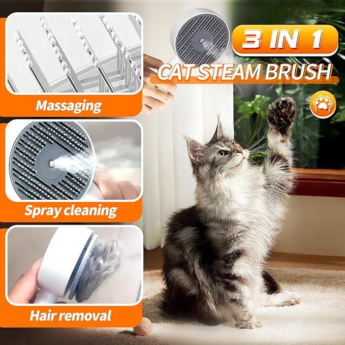 3 in 1 Cat Steam Brush, Self-Cleaning Anti-Static Pet Spray Hair Removal Comb for Cats with Release Button and Tank, Rechargeable Steam Brush for Shedding, Massage and Cleaning-Mewly Pet