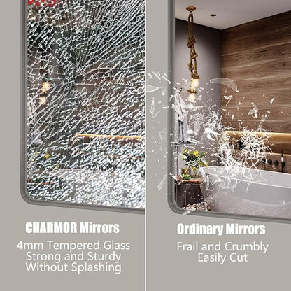 22x30 Inch Silver Bathroom Mirror, Brushed Metal Framed Vanity Mirror for Wall, Rounded Corner Rectangle Mirror, Anti- Rust (Horizontal/Vertical)