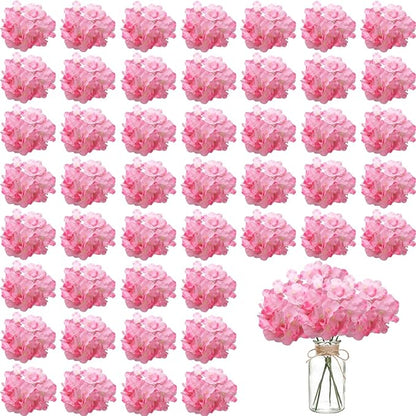 100PCS Artificial Hydrangea Flowers, Fake Flowers Silk Hydrangea Full Flowers Heads with Stems for Wedding Home Party Shop Baby Shower Decor (Dark Pink)