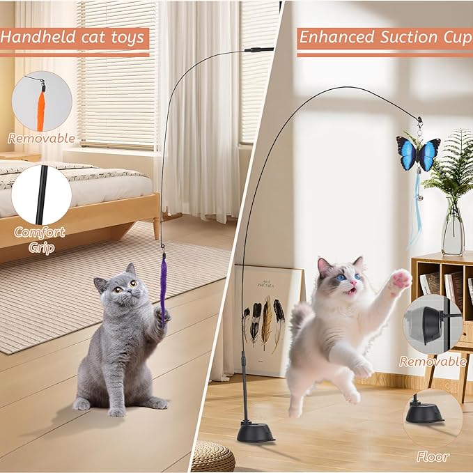 Suction Cup Cat Toys,Interactive Cat Wand with 15Pcs (Feather, Mouse, Butterfly, Worm),Durable Cats Fishing Pole Toy for Indoor Kittens,Fun Stick Toy for Exercise&Play-Mewly Pet