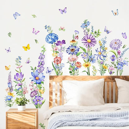 Tanlaby Wildflower Wall Decals Daisy Grass Butterflies Flower Wall Stickers Floral Botanical Wall Art Decor for Baby Nursery Girl Bedroom Living Room Sofa