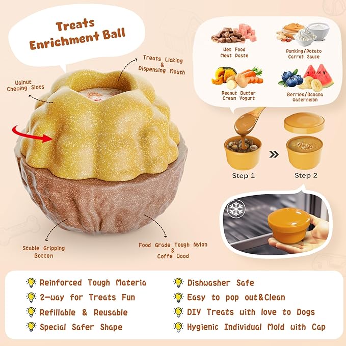 Dog Frozen Treats Toy, Cognitive Dogs Brain Stimulation Toys for Aggressive Chewers, Interactive Dispensing Toy Enrichment Keep Them Busy No-Boredom, Tough Nylon&Coffe Wood Fillable Puzzle Dog Feeder-Mewly Pet