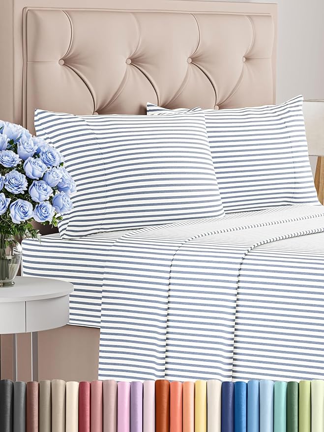 Twin 4 Piece Sheet Set - Comfy Breathable & Cooling - Soft Hotel Luxury Bedding Set with 8-16 Inch Deep Pockets - 1 Flat & 1 Fitted Sheet & 2 Pillowcases - Wrinkle Free & Easy Care - Blue Stripes 2