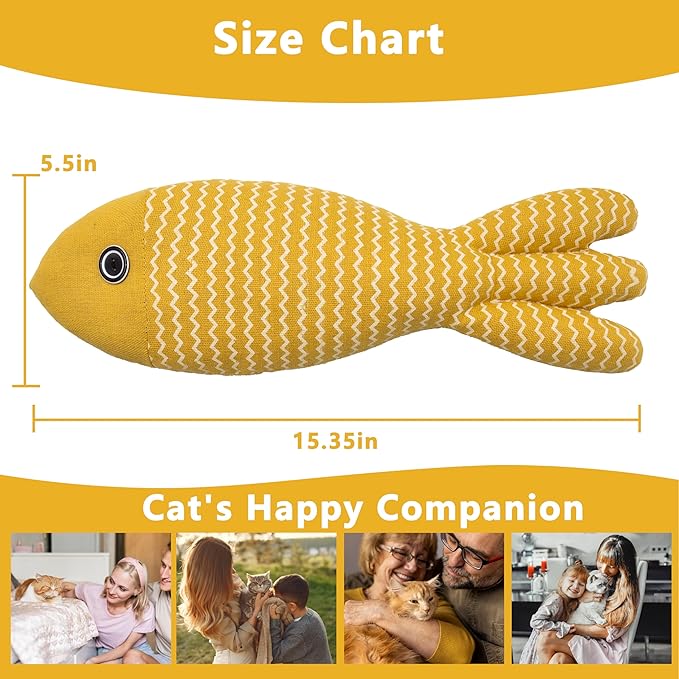 Interesting Catnip Toys Fish, 1 Pack Large Cat Toys, Soft Indoor Cat Kicker Toys, Durable and Highly Interactive Catnip Toys（Yellow Fish）-Mewly Pet