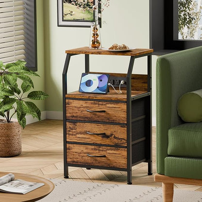 Furnulem Night Stand with Charging Station, USB Ports and Outlets, 28.3 Inch Tall Bedside Table with Wood Shelf, 3 Fabric Drawers Side Table for Bedroom, 3 Ways to Use, Rustic Brown