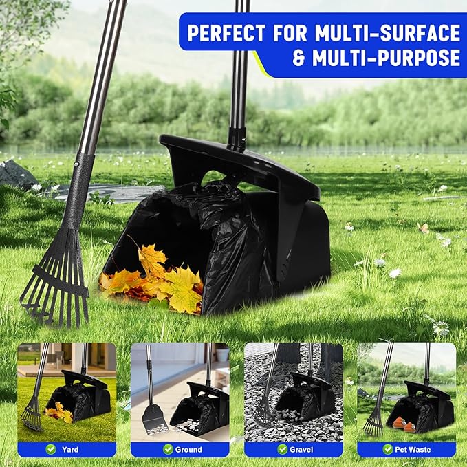 Dog Poop Scooper with 20 Bag Attachment Long Handle Swivel Bin, Rake & Spade Heavy Duty Easy to Clean Pooper Scooper for Large Medium Dogs Pet Waste Removal Solution for Yard, Grass, Gravel-Mewly Pet