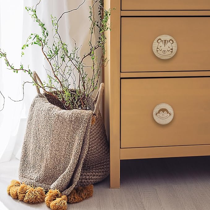 6PCS Round Engraved Animal Flat Wood Knob,Jungle Themed Kids Baby Girls Boy Room Furniture Dresser Knobs,Nursery Lion Nature Wooden Drawer Pull