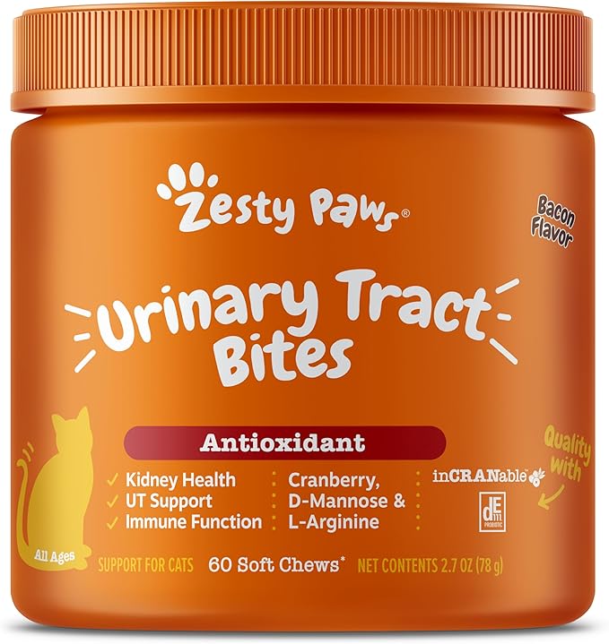 Zesty Paws Cranberry Urinary Tract Bites for Cats - Kidney & Urinary Tract Health - Soft Chews with D-Mannose, Vitamin B6 & L-Arginine - Immune & Gut Support - Bacon - 60 Count-Mewly Pet