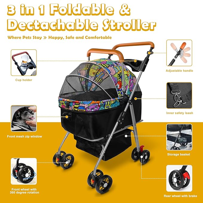 Pet Stroller with Storage Basket and Cup Holder, Folding Dog Jogger, Foldable Cat Stroller, 3 in 1 Puppy Kitten Cart, Pet Jogger for Medium Dog Cat (Magic Black)-Mewly Pet
