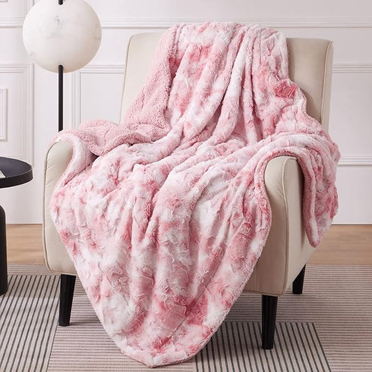 Bedsure GentleSoft Sherpa Fluffy Blanket Twin Size - Fleece Warm and Cozy Throw for Women Gift, Plush & Fuzzy Faux Fur Christmas Blanket for Couch, Sofa, Bed Decor, Tie Dye Design, Pink, 60x80 Inches