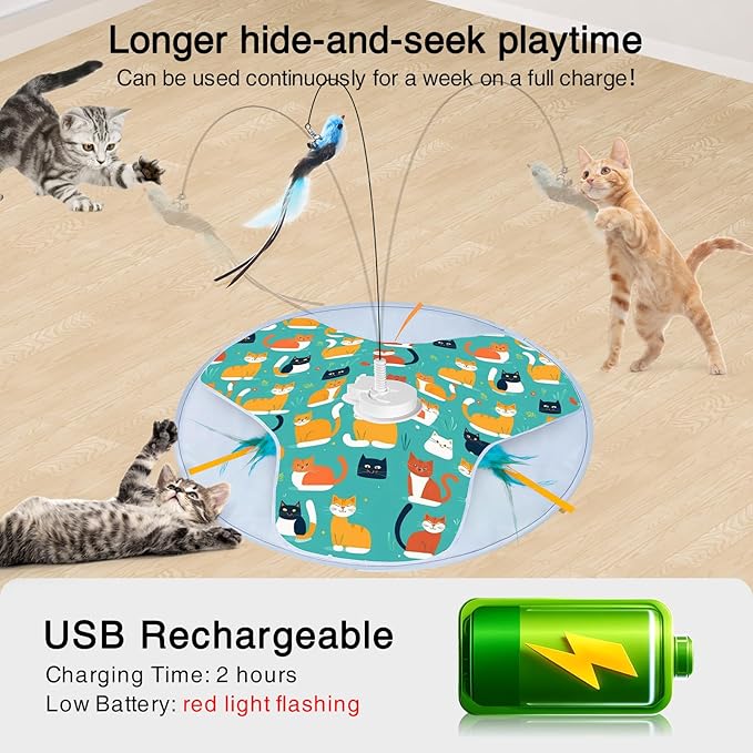 Interactive Cat Toys, 2025 Upgraded Automatic Cat Toy for Indoor Cat, Kitten Toys for Bored Indoor Adult Cats, Hide and Seek Cat Toy with Moving Feather, USB Rechargeable-Mewly Pet