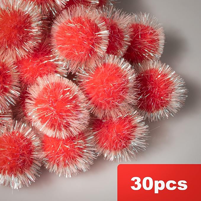 VAPKER 30 Pcs Cat Ball Toys Sparkle Balls Extra Large 2 Inch Cat's Favorite Chase Glitter Ball Glitter Tinsel Pom Poms Balls Red Color-Mewly Pet
