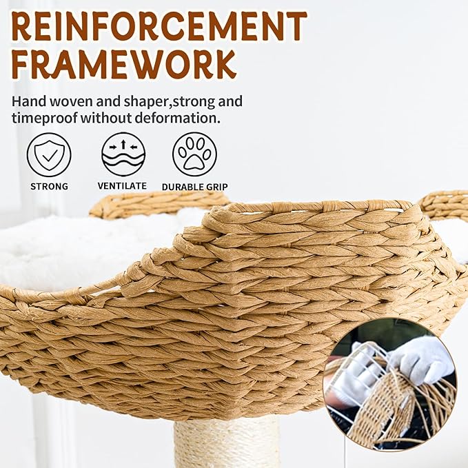 Big Modern Design Cat Tree Tower with White Cloud Mat, Unique Cat Supplies Tower with Scratching Post, Cute Wood Cat Tree Cat Furniture Activity Centre for Indoor Big Cats-Mewly Pet