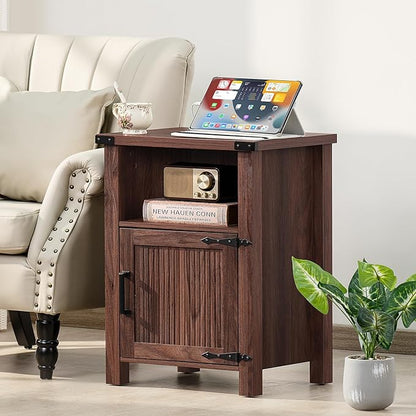Night Stand Set of 2, 18 Inch Farmhouse Nightstand with with Charging Station and USB Port, Rustic Wood Bedside Table with Magnetic Door, Bed Side Tables for Bedroom, Brown Walnut