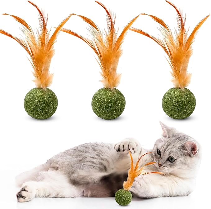 3 Pcs Catnip Balls with Feathers – Natural Catnip Toy for Play, Stress Relief & Healthy Enrichment Interactive Cat Toys Perfect for Indoor Cats & Kittens, Encourages Active Play & Wellness-Mewly Pet