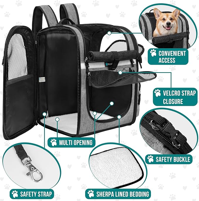 PetAmi Dog Backpack Carrier for Small Large Cat, Pet, Puppies, Ventilated Pet Hiking Backpack Travel Bag, Airline Approved Cat Backpack Carrier, Safety Back Support, Camping Biking, Max 18 lbs, Grey-Mewly Pet