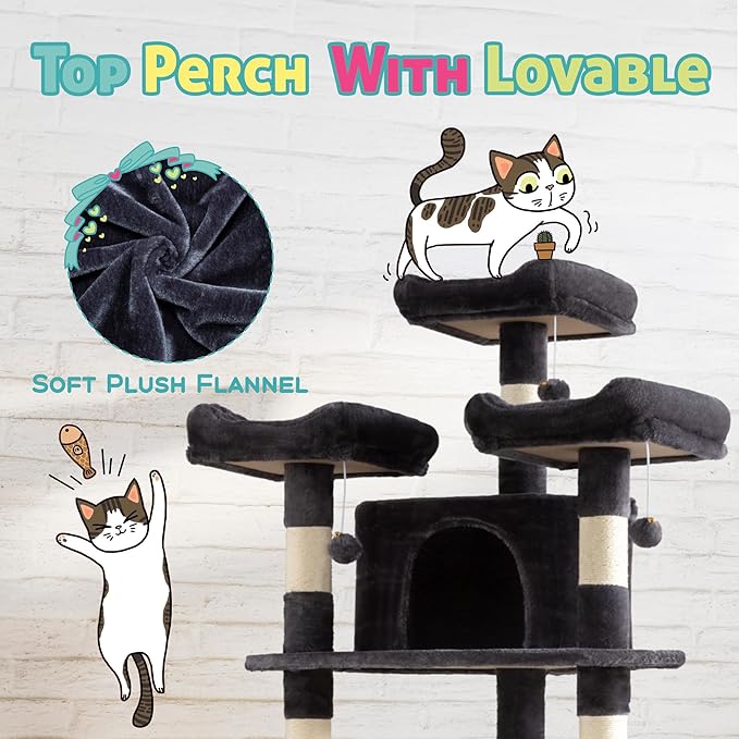 SHA CERLIN 73in Fan-Shaped Corner Cat Tower for Save Space/Multi-Level Tall Cat Tree for Indoor Kitties/Condo with Baskets/Cozy Perches/Sisal Scratching Posts/Pet Activity House/Dark Grey-Mewly Pet