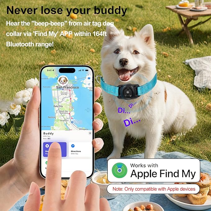 Air -Tag Dog Collar Waterproof Dog Air Tracker Chip for Apple Find My (iOS only) Reflective Strip Real Time Anti-Loss Tags Ultra-Durable GPS Pet Tracking Collar, Sky Blue M (12.4''-17.3'')-Mewly Pet
