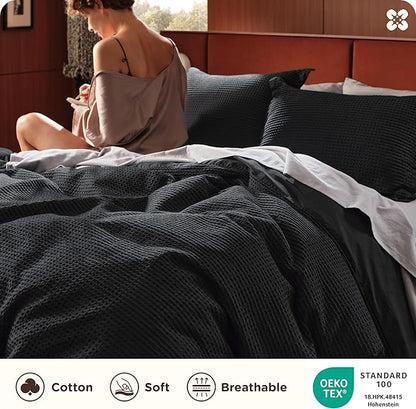 Bedsure Cotton Duvet Cover Set - 100% Cotton Waffle Weave Black Duvet Cover Oversized King Size, GentleSoft™ and Breathable Bedding Set for All Season, 3 Pieces, 120"x98"