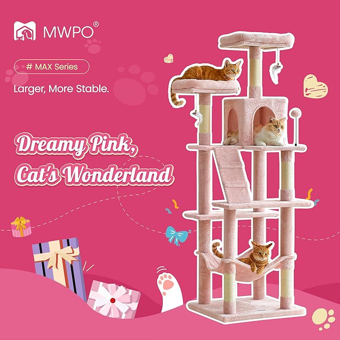 MWPO 70.1-Inch Pink Large Cat Tree, Multi-Level Tall Cat Tower for Indoor Cats, Plush Cat Condo with Big Padded Perches, Sisal-Covered Scratching Posts, Hammock, Toys for Kittens & Cats-Mewly Pet