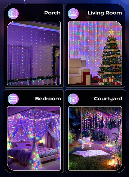 Brightown 300 LED Fairy Curtain Lights, 9.8ft x 9.8ft Multicolor Curtain String Lights, USB Plug in 8 Lighting Modes Christmas String Hanging Lights with Remote for Bedroom Indoor Outdoor Party Xmas
